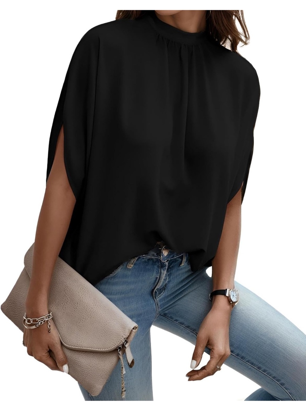 Women's Batwing Mock-neck Blouse - Elegant Short Sleeve Top